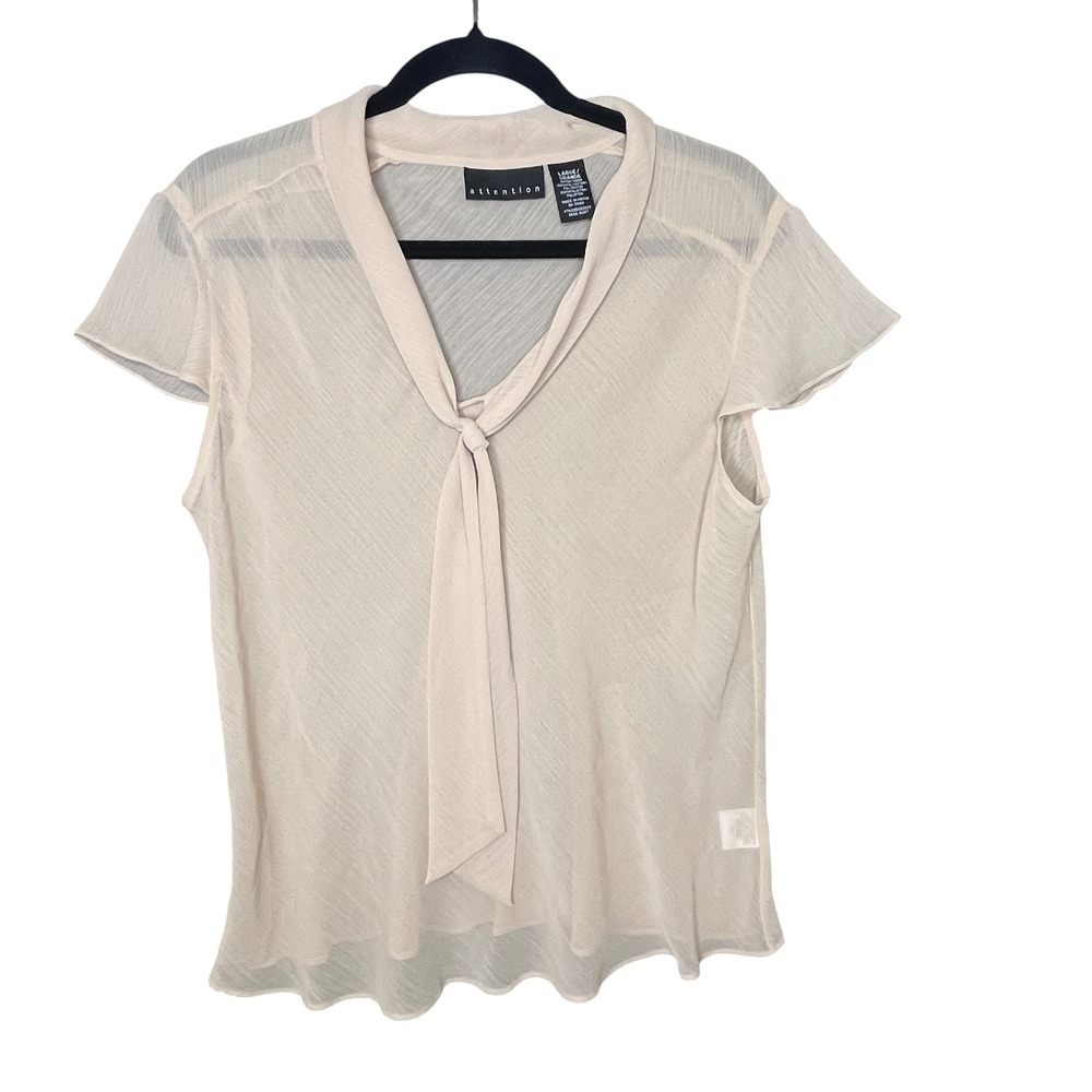 Attention‎ Blouse Women Large Beige Sheer Tie Neck Flutter Sleeve Officecore Y2K